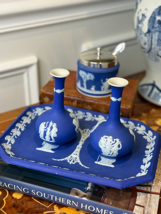 Wedgwood Cobalt Jasperware 5.5” Tall Vase Pair AS IS