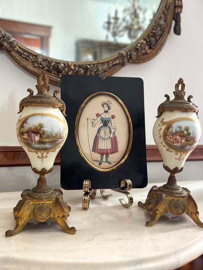 Pair of French Hand-Painted Pastoral Porcelain & Bronze Garniture Urns