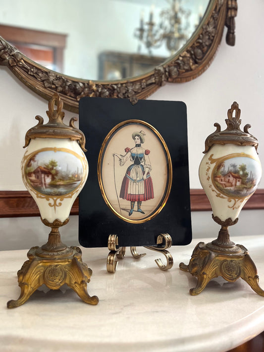 Pair of French Hand-Painted Pastoral Porcelain & Bronze Garniture Urns