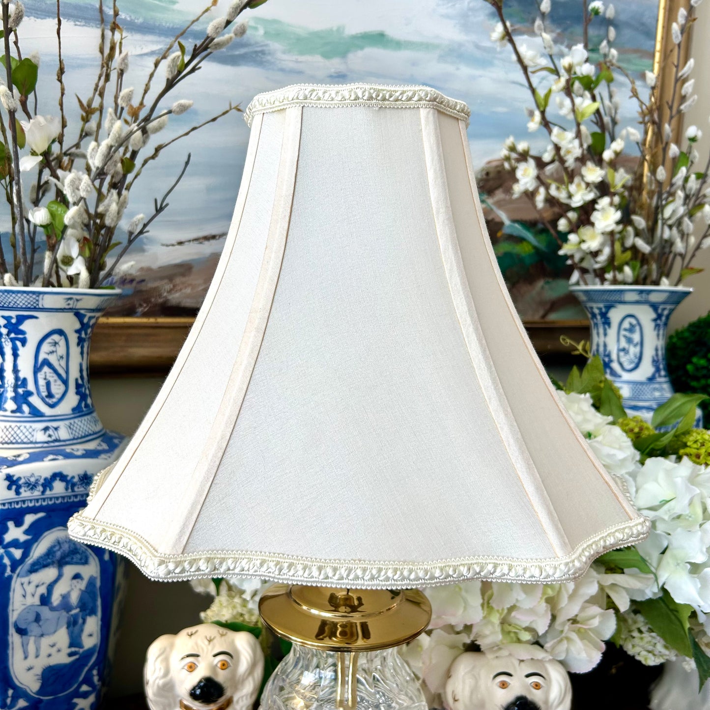 Vintage stamped Crystal and brass  boudoir lamp with designer Stiffel ivory shade