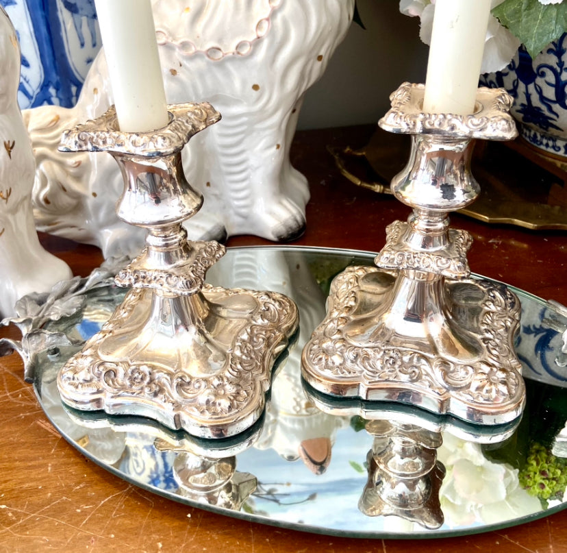 Stunning pair vintage baroque silver plate stamped candlestick holders