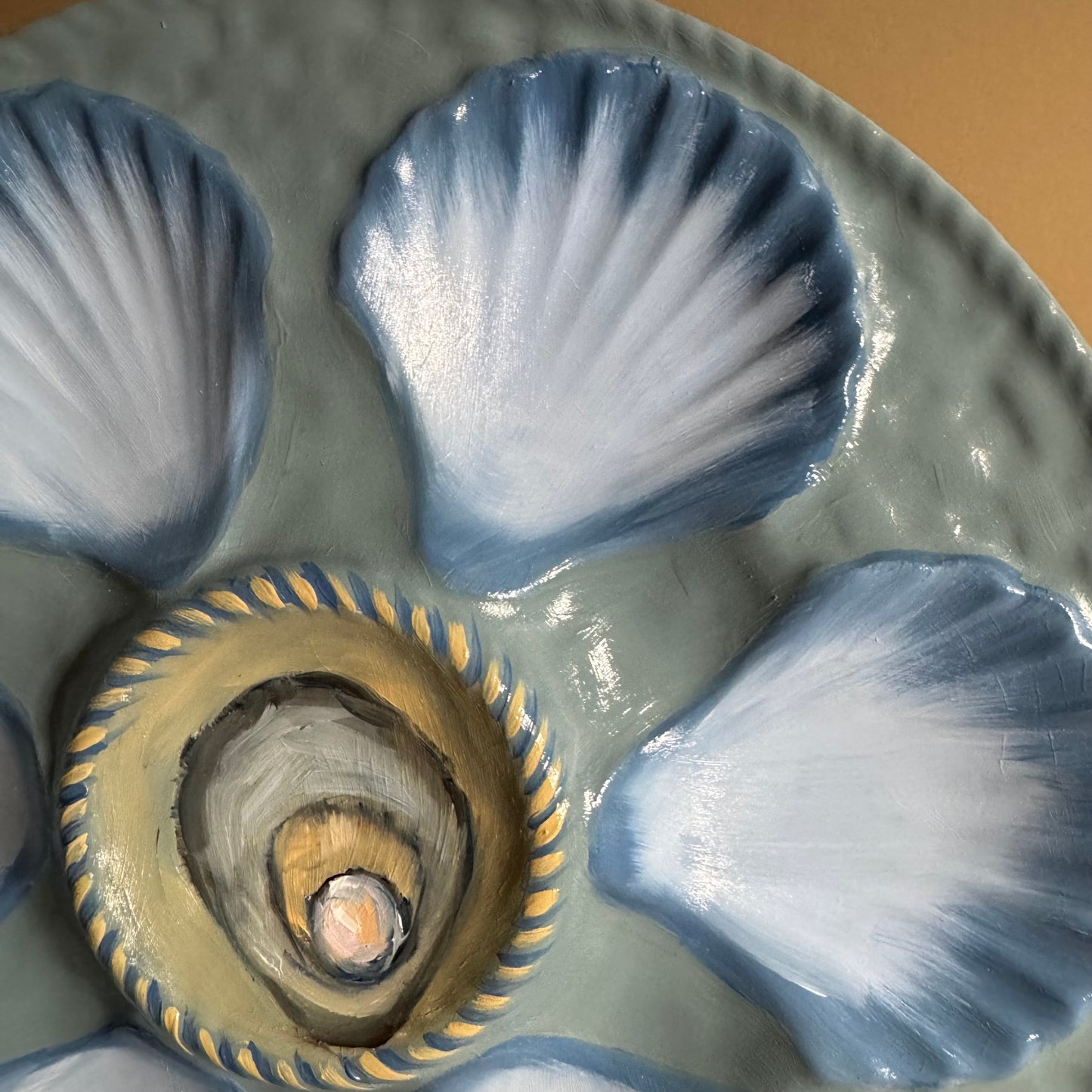 Hand painted blue tones oyster plate 9”
