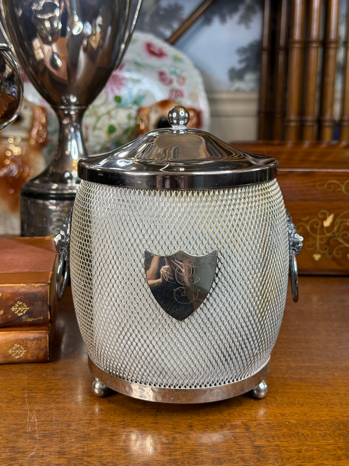 Vintage English Silver Plate Biscuit Barrel / Ice Bucket with Lion Mask Handles & Monogram G, c. 1930–1950 – 8”H