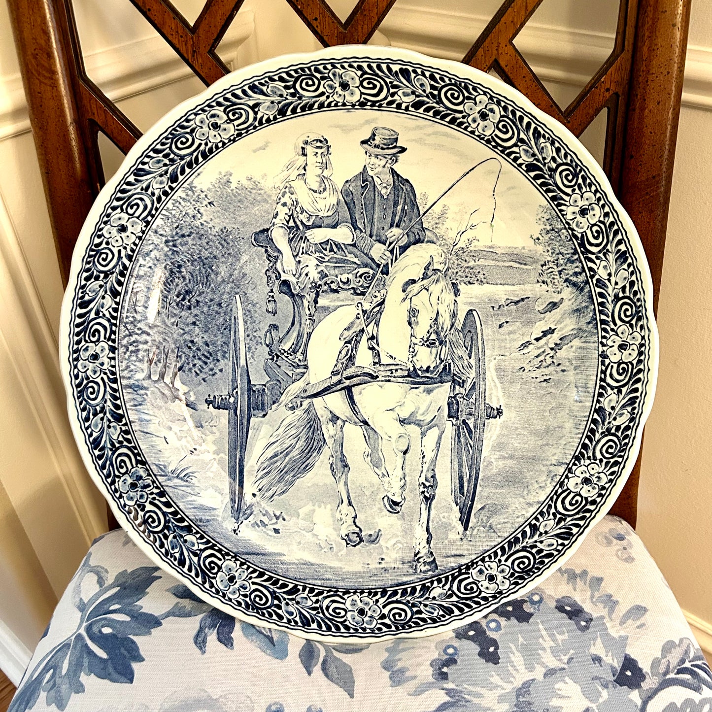 Impressive size Delft horse & carriage hand painted vintage blue and white massive wall platter