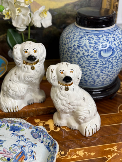 Pair of Beswick England Spaniel Figures | White Glaze with Gilt Collars | 8”