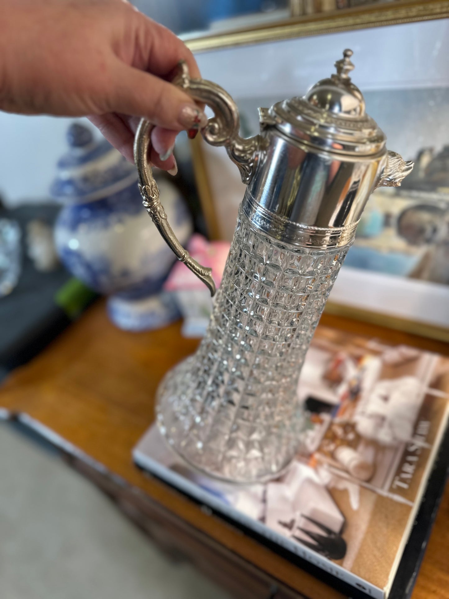 Vintage Silver-Plate & Cut Crystal Claret Jug (Mid-20th Century), 14"