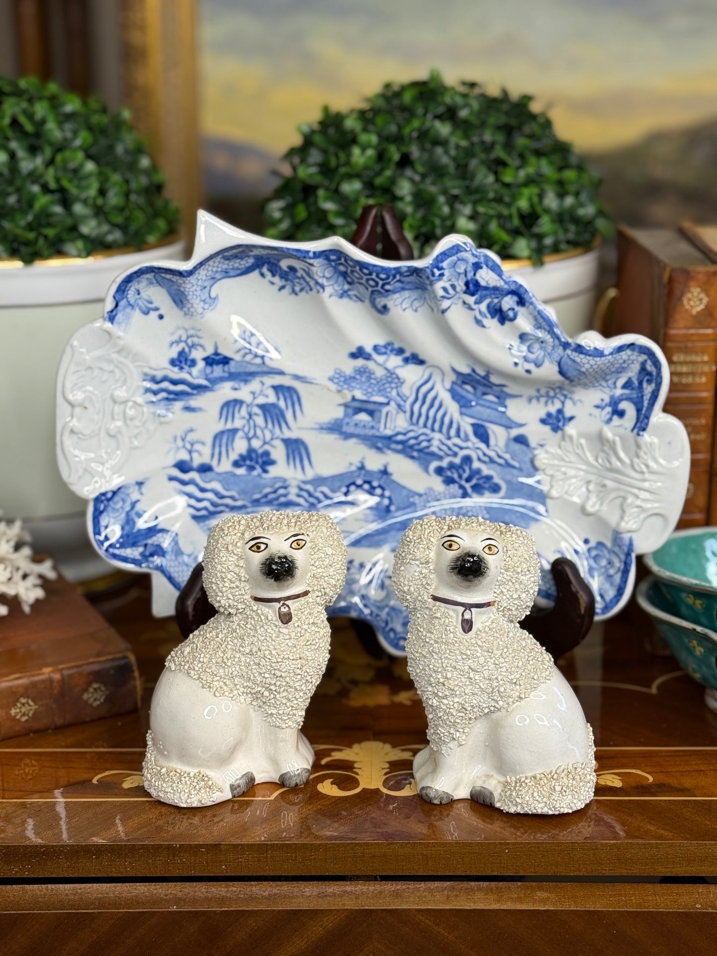 Pair of Sanded English Pottery Poodles 1920s, 4.5” Tall - Pristine!
