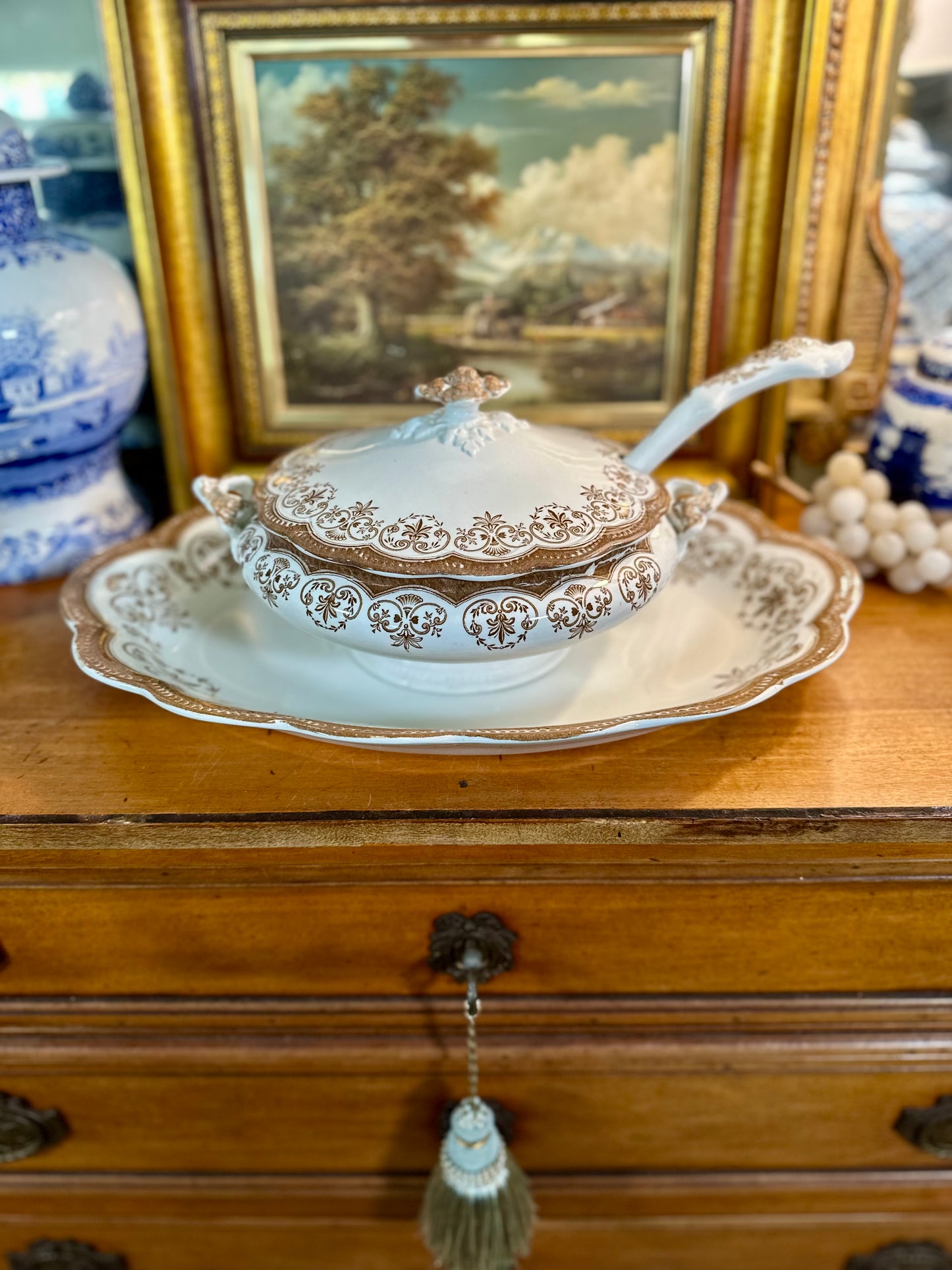 RARE Antique Regent Brown Transferware Lidded Tureen with Ladle & Underplate, 18"