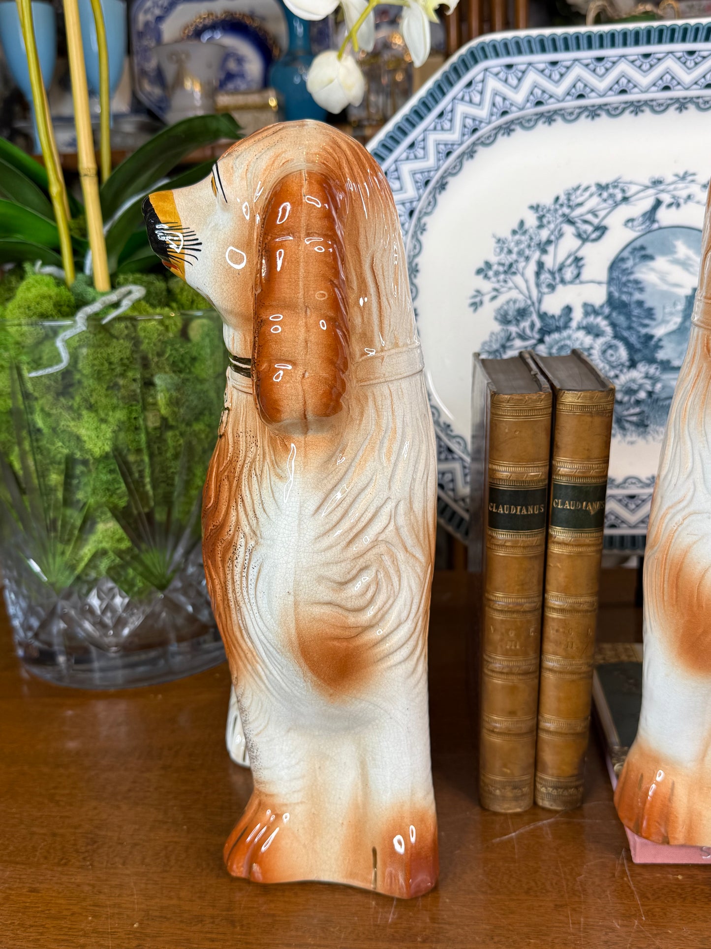 Pair Antique Victorian Staffordshire Spaniel Dogs | Large 14” Mantel Dogs | England c.1870–1890