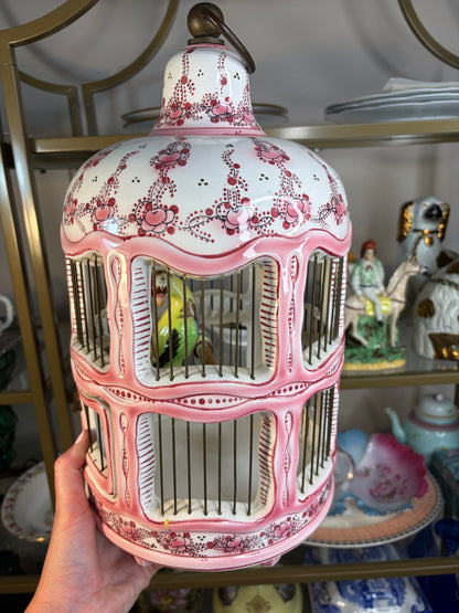 Stunning chinoiserie pink and white bird cage with bird! As is!