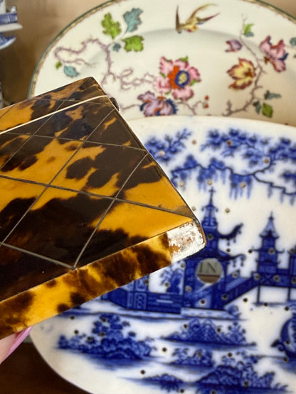 Antique Tortoiseshell & Silver Inlaid Calling Card Case | Georgian/Victorian Era | 4” x 3” | As-Is