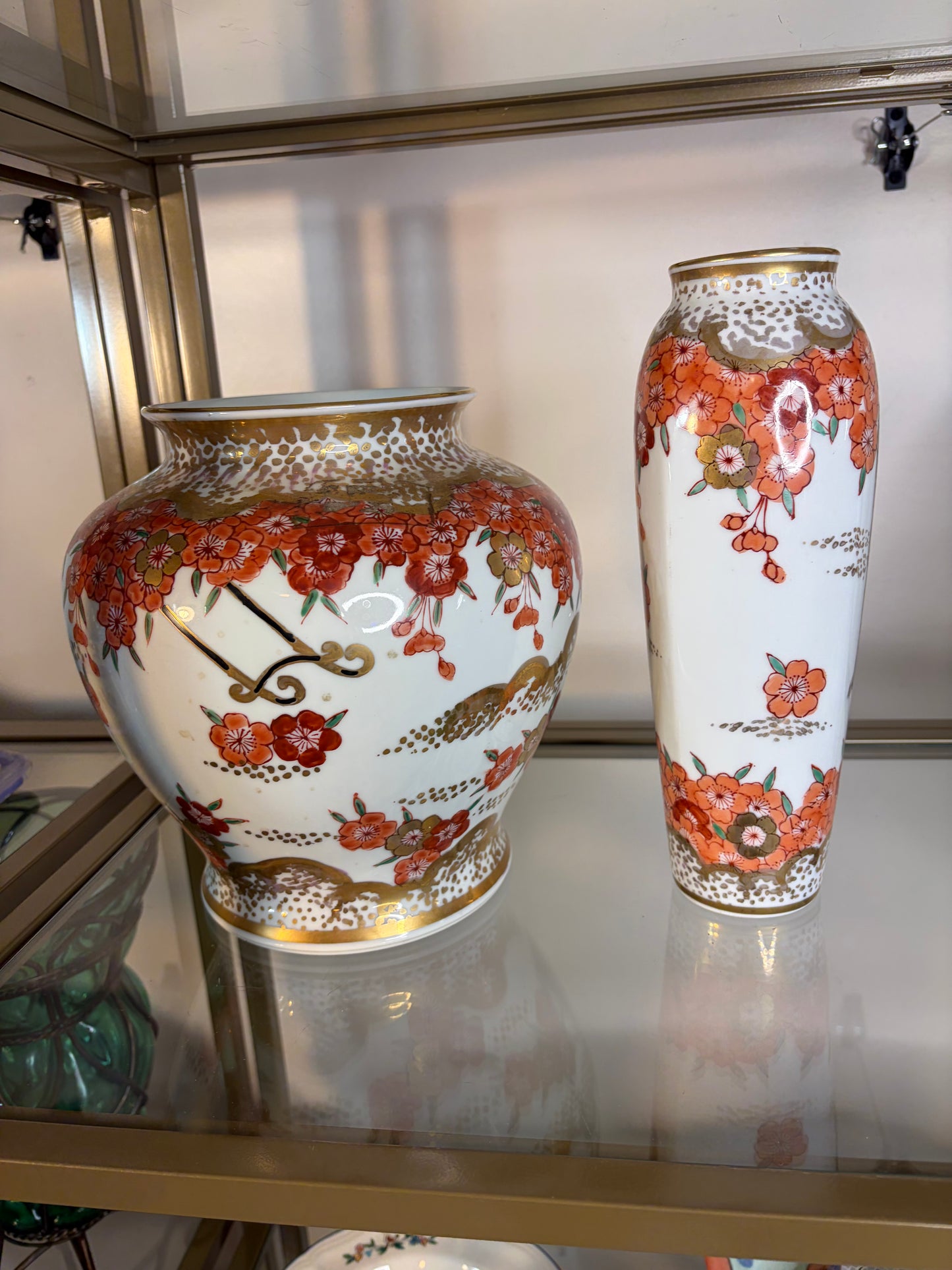 Gorgeous Japanese Kutani Ware handpainted vases with blossoms and gold!