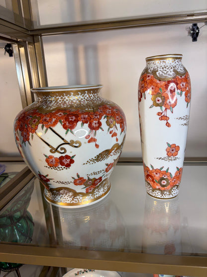 Gorgeous Japanese Kutani Ware handpainted vases with blossoms and gold!