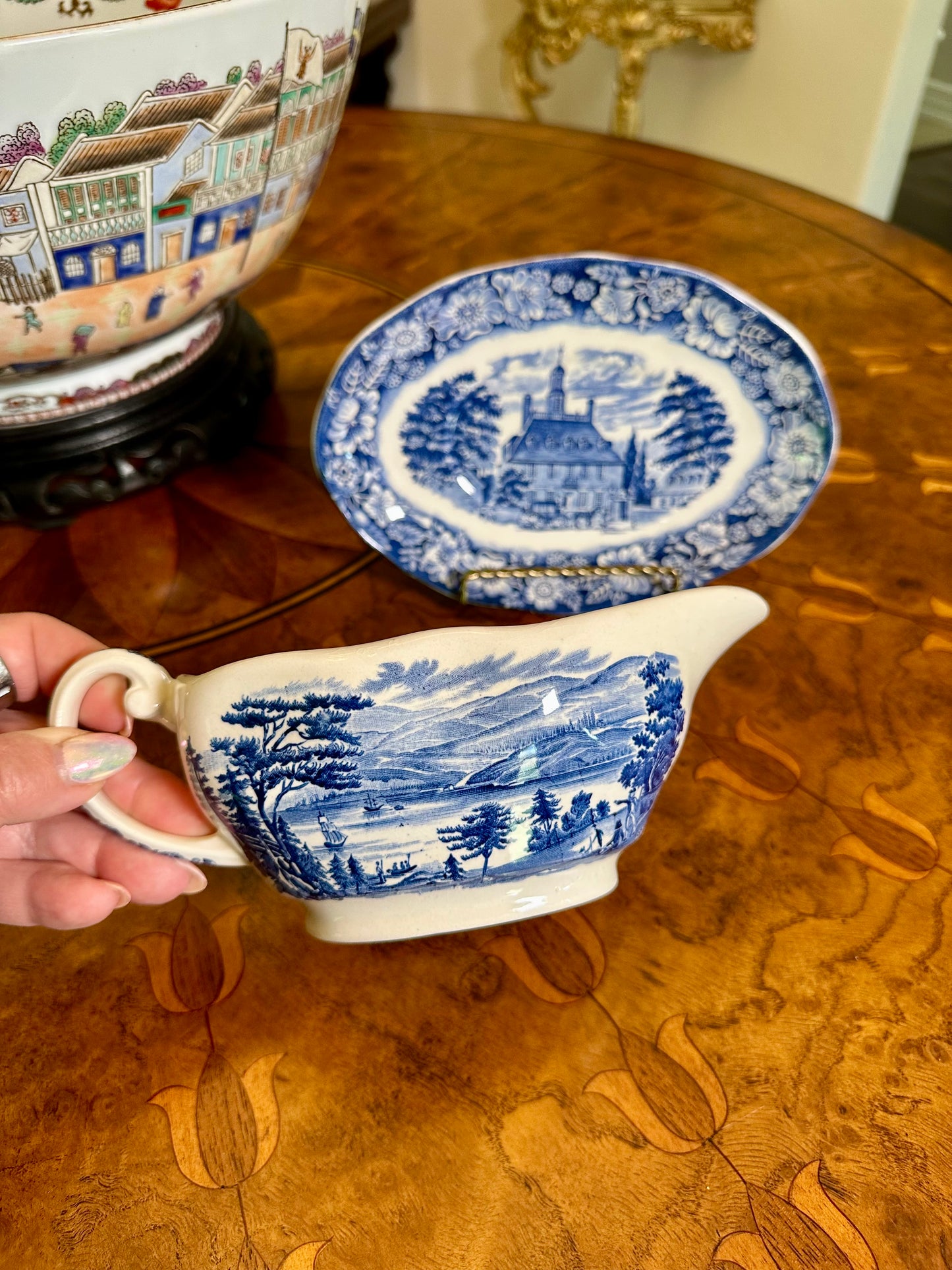 Vintage Liberty Blue Gravy Boat with Underplate | Enoch Wedgwood | Bicentennial Transferware