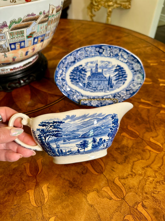 Vintage Liberty Blue Gravy Boat with Underplate | Enoch Wedgwood | Bicentennial Transferware