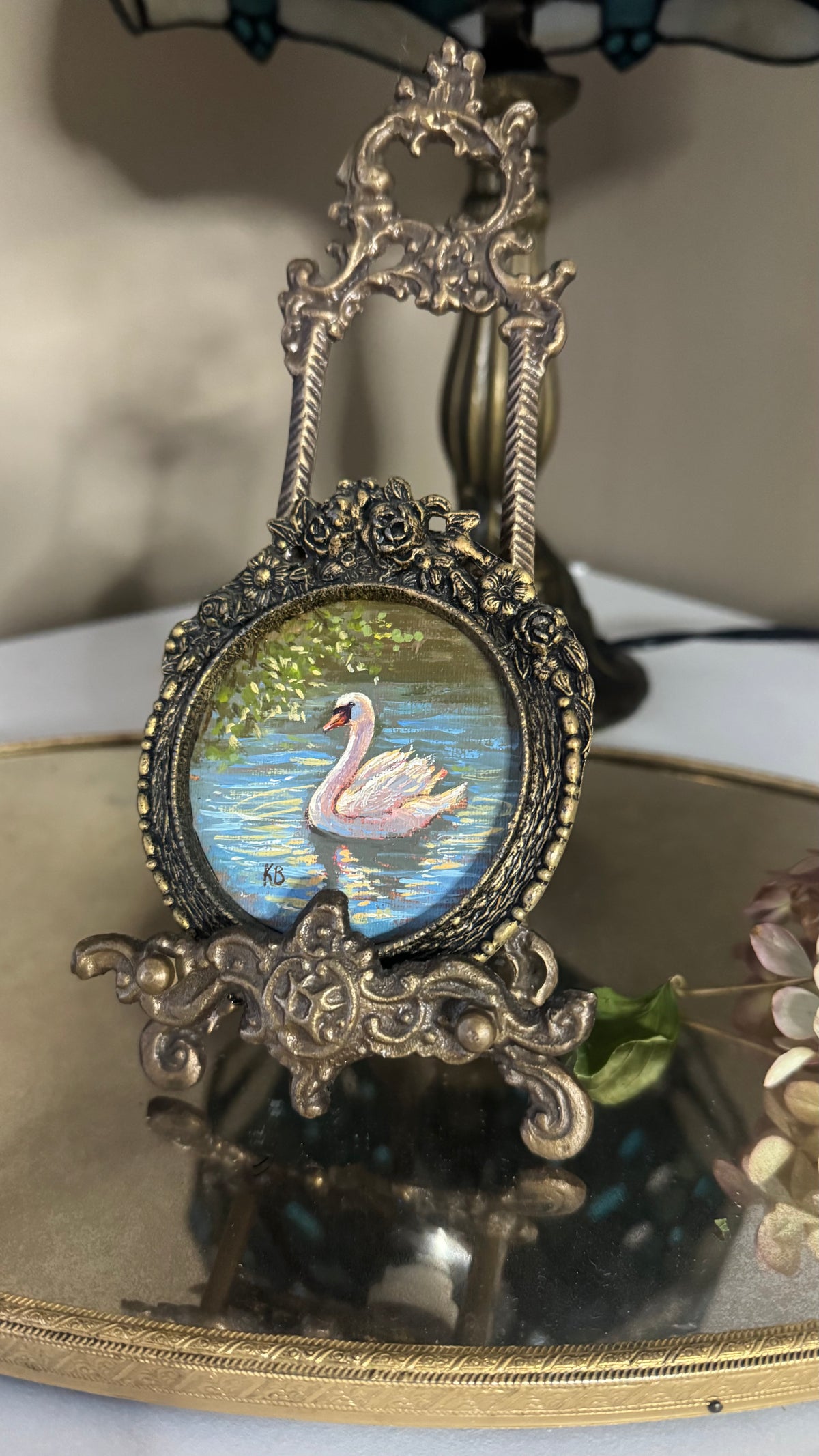 Day 13 Swan original oil painting in brass vintage frame