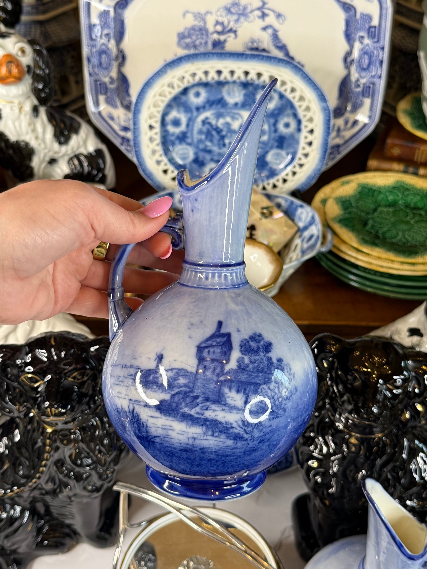 Pair of Keeling & Co. Blue & White Ship Ewers | 1886–1891 | 9"H x 15" Circumference | Style DA4502