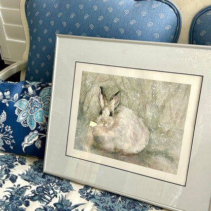 Delightful bunny rabbit signed watercolor custom framed wall art 21 x 18