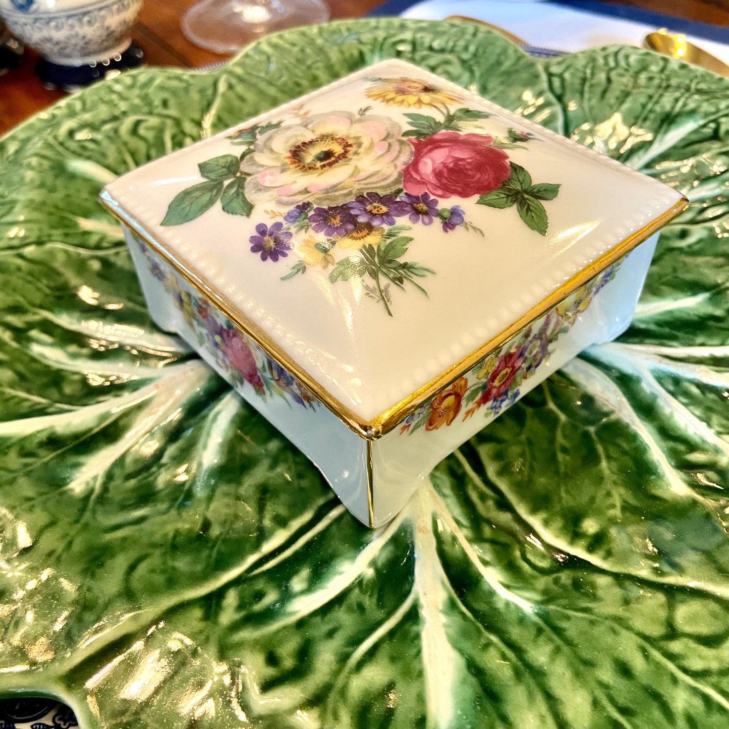 Delightful designer vintage floral porcelain trinket box with lid