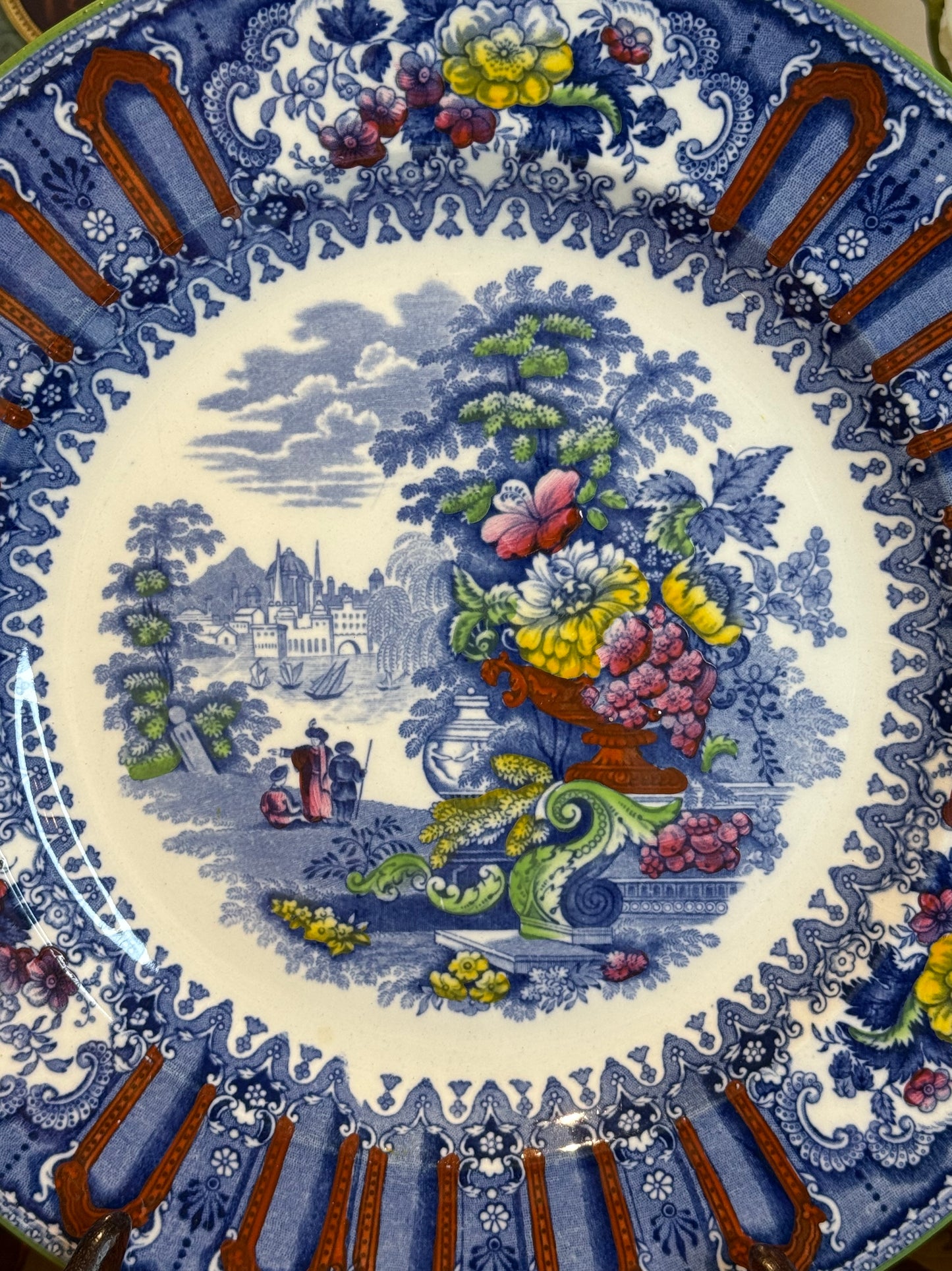 Antique Wedgwood Cairo Transferware Plate 10.25” – Polychrome Scenic & Floral Design