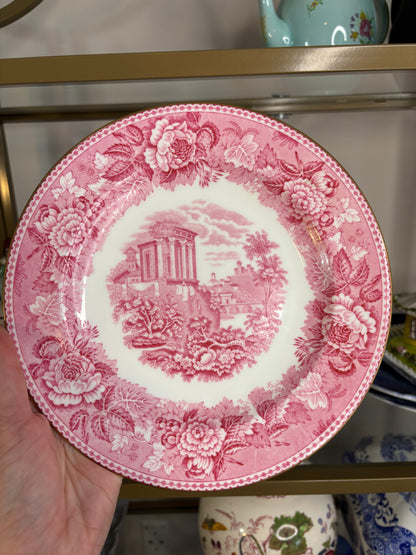 Gorgeous Wedgwood pink transferware plates with gold rims pair!