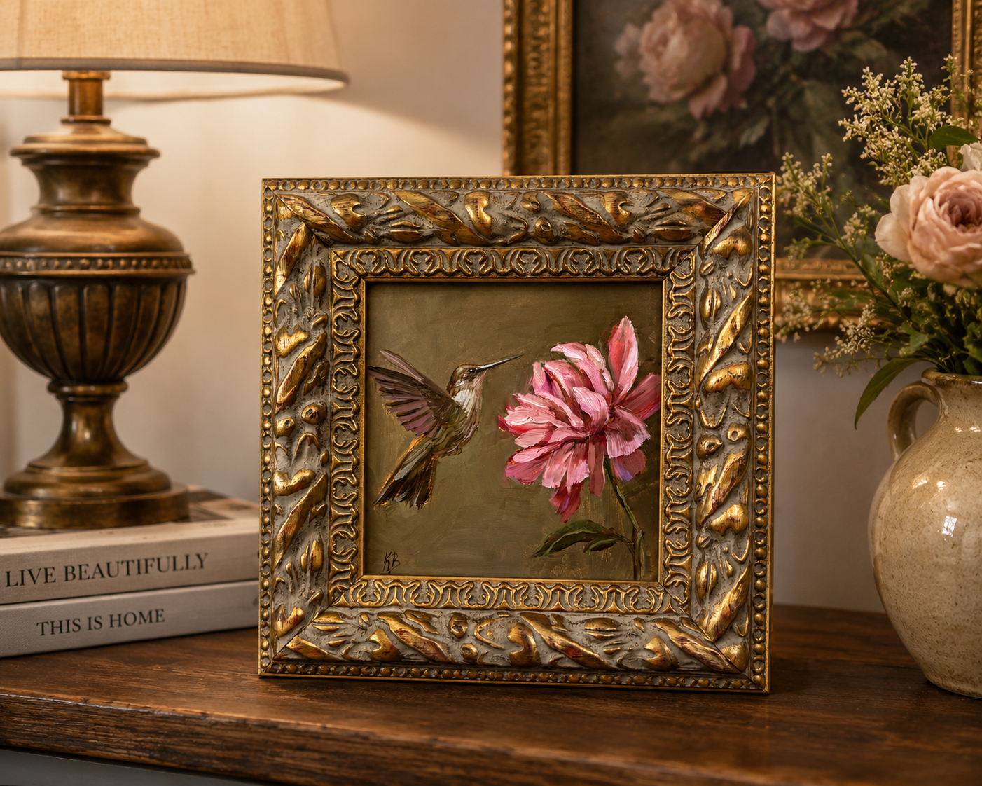 Live 08/11 Hummingbird and pink peony original oil painting framed in wooden gold frame 9.5x9.5”