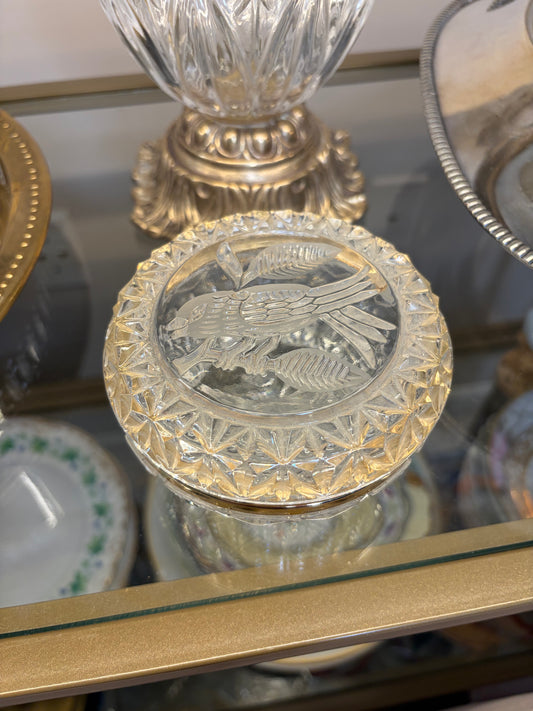 Lovely cut lead crystal bird trinket box with brass!