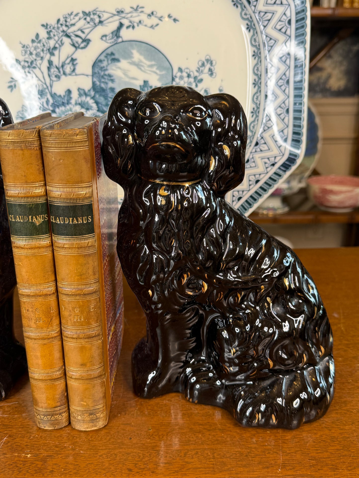 Antique Pair of 19th Century Black Jackfield Spaniels | Staffordshire Dogs | 9.5"H x 7"W x 3.5"D | #DA4506