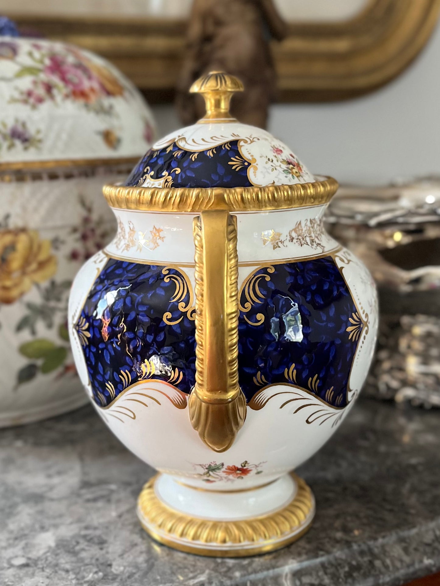 Live 08/04 Antique Coalport “Sevres Group” Lidded Pot| Cobalt Blue, Hand-Painted Florals & Gilt | c. Late 1891 -1920 Green Backstamp