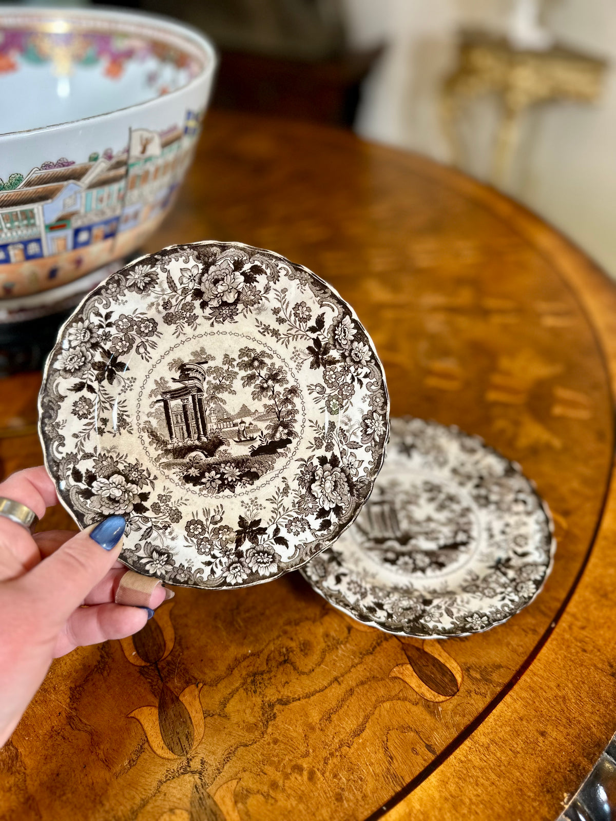 Pair Antique English Corinthian Brown Transferware Pearlware Plates, c. 1830s–1840s