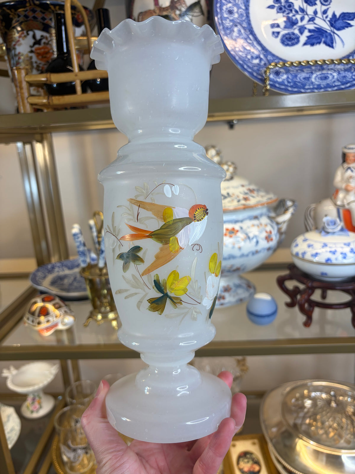 Lovely Bristol glass handpainted vase with bird!