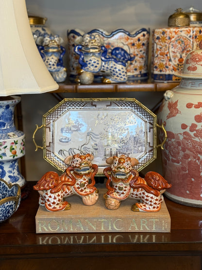 Danny’s Fine Porcelain - Rust & White Spaniel Foo Dog Figure Pair W/ Gold Accent (2 sizes to choose)