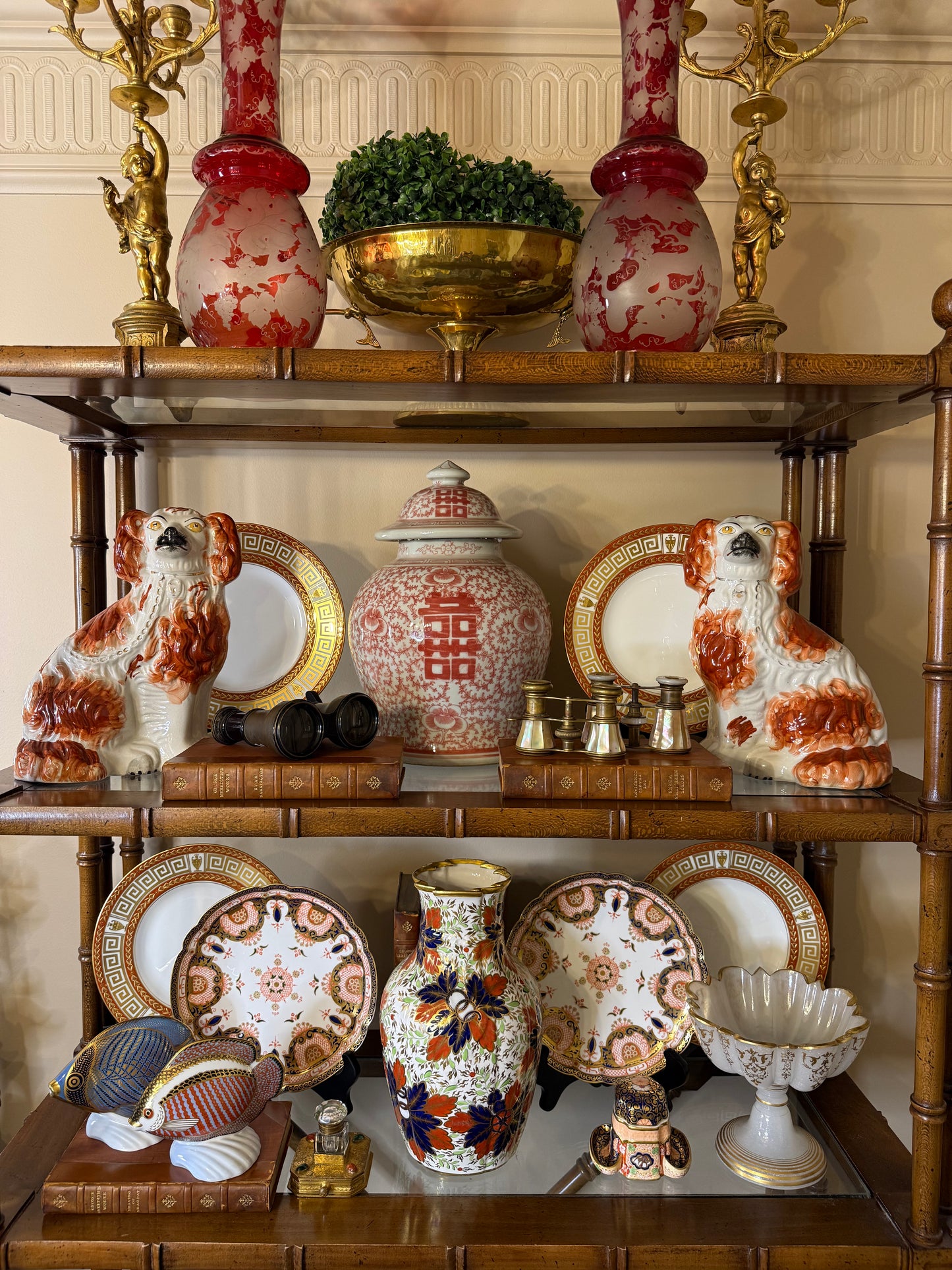 Antique Staffordshire Spaniel Dogs | Red & White Mantel Pair | 10” Tall