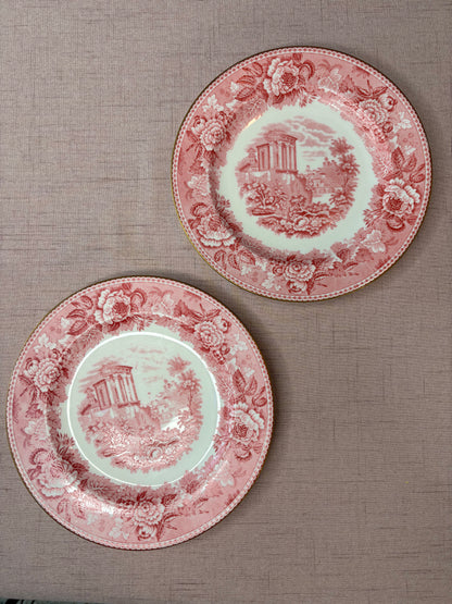 Gorgeous Wedgwood pink transferware plates with gold rims pair!