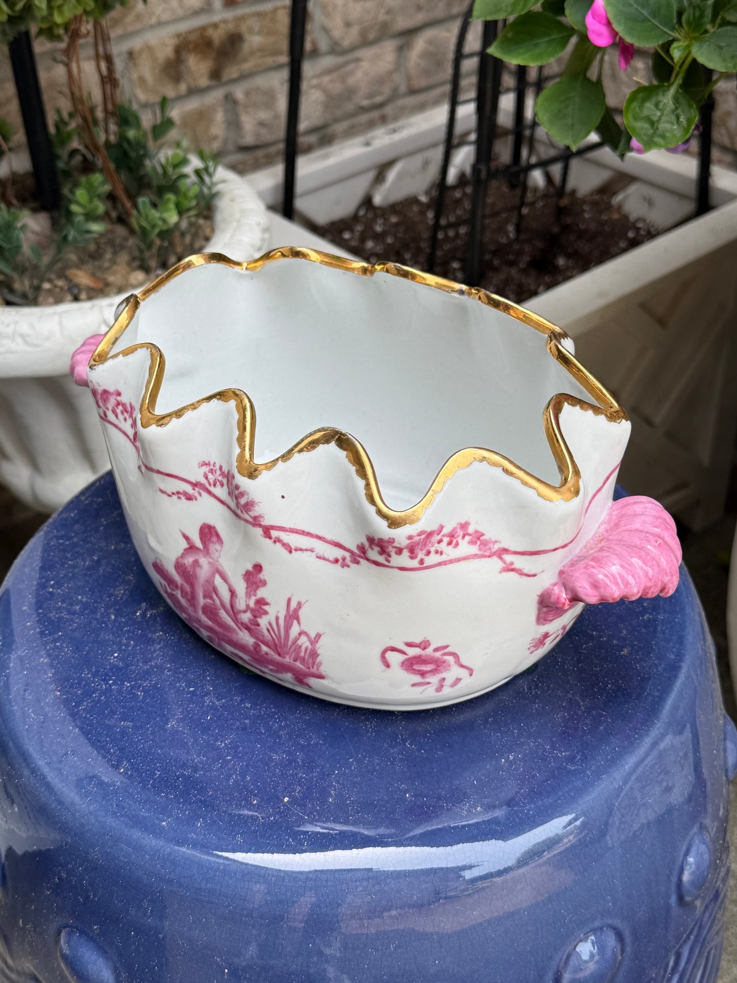 Vintage Pink Cherub Porcelain Basin W/ Scalloped Gilt Rim | 10”x6”