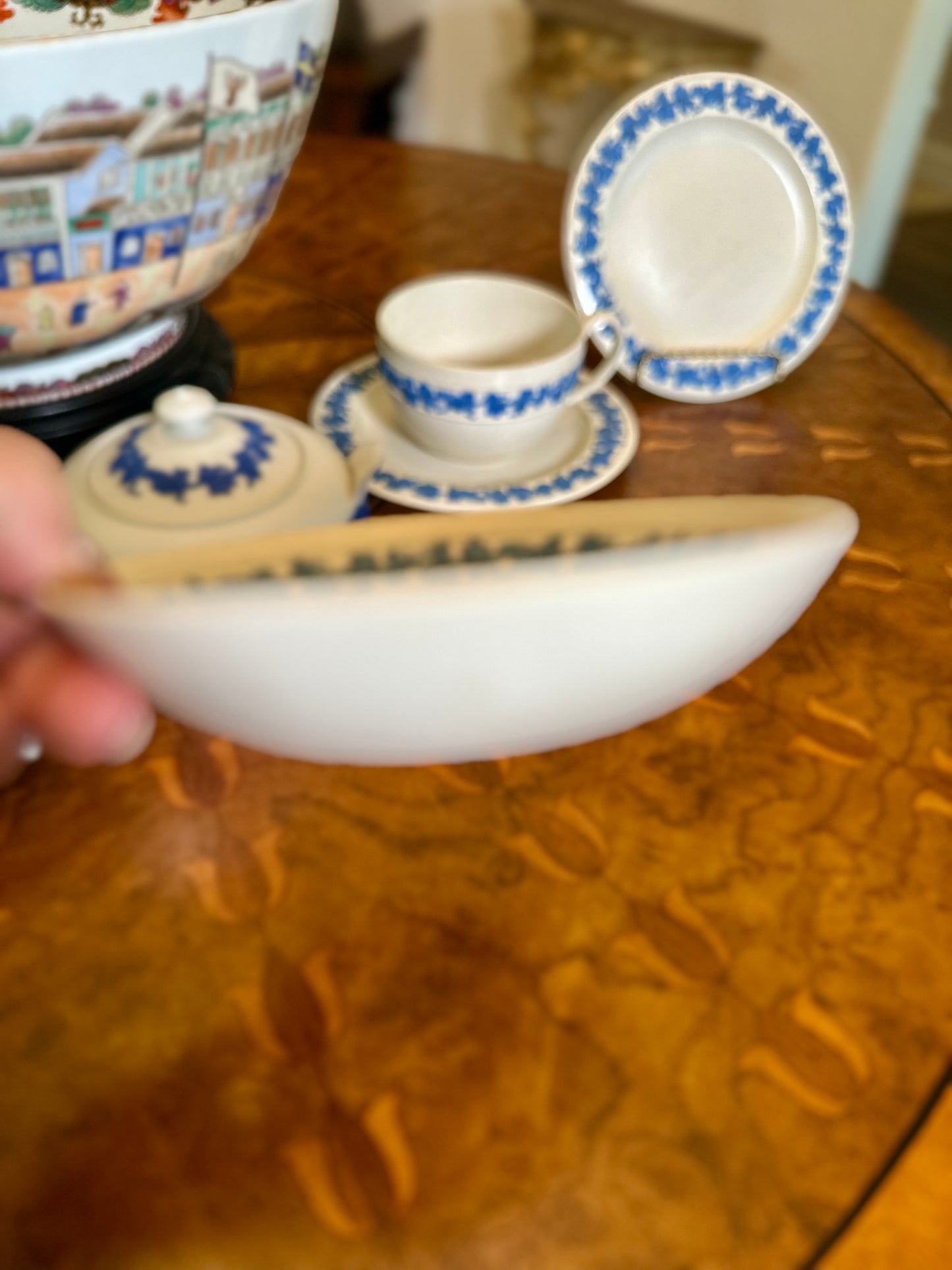 Antique Wedgwood Smear-Glazed Stoneware Shallow Bowl with Lavender Sprigged Grapes