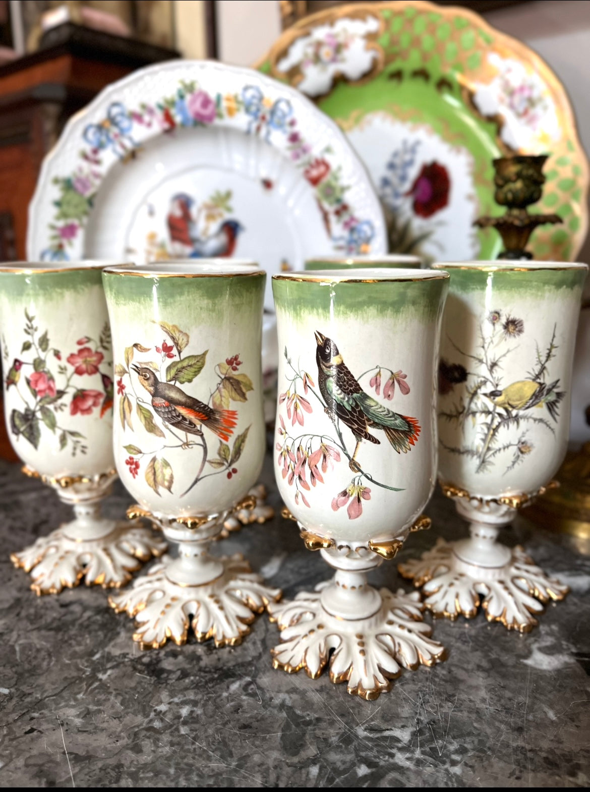 Romantic Antique Set Of 6 Hand Painted Porcelain Cups And Egg On Ornate Pedestal Base