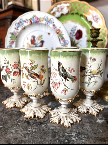 Romantic Antique Set Of 6 Hand Painted Porcelain Cups And Egg On Ornate Pedestal Base
