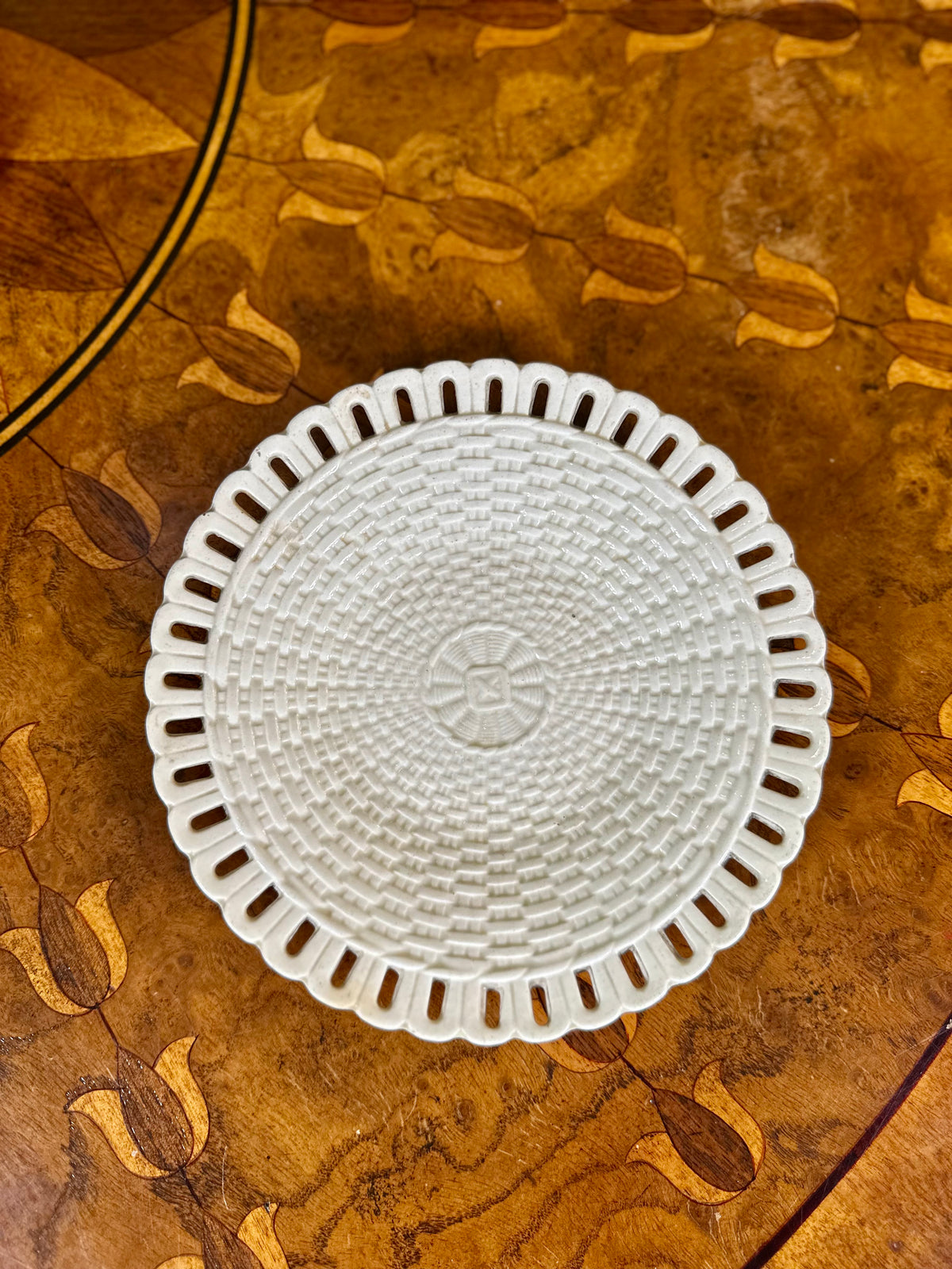 Antique English Creamware Reticulated Basket-Weave Plate, Early 19th Century