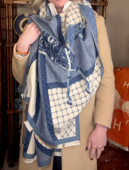 Luxe “H” Equestrian Blue & Cream Reversible Horse Scarf/ Wrap