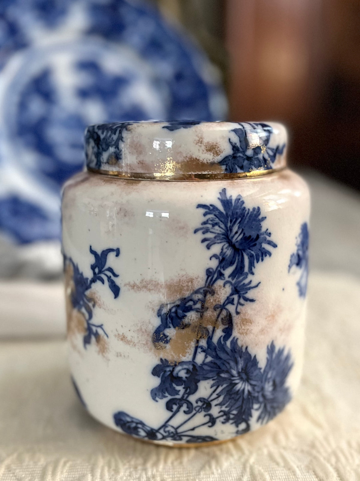 Live 09/22 Rare Surviver 1880s Doulton Burslem England Blue & White Gilt Biscuit Jar – Original Lid