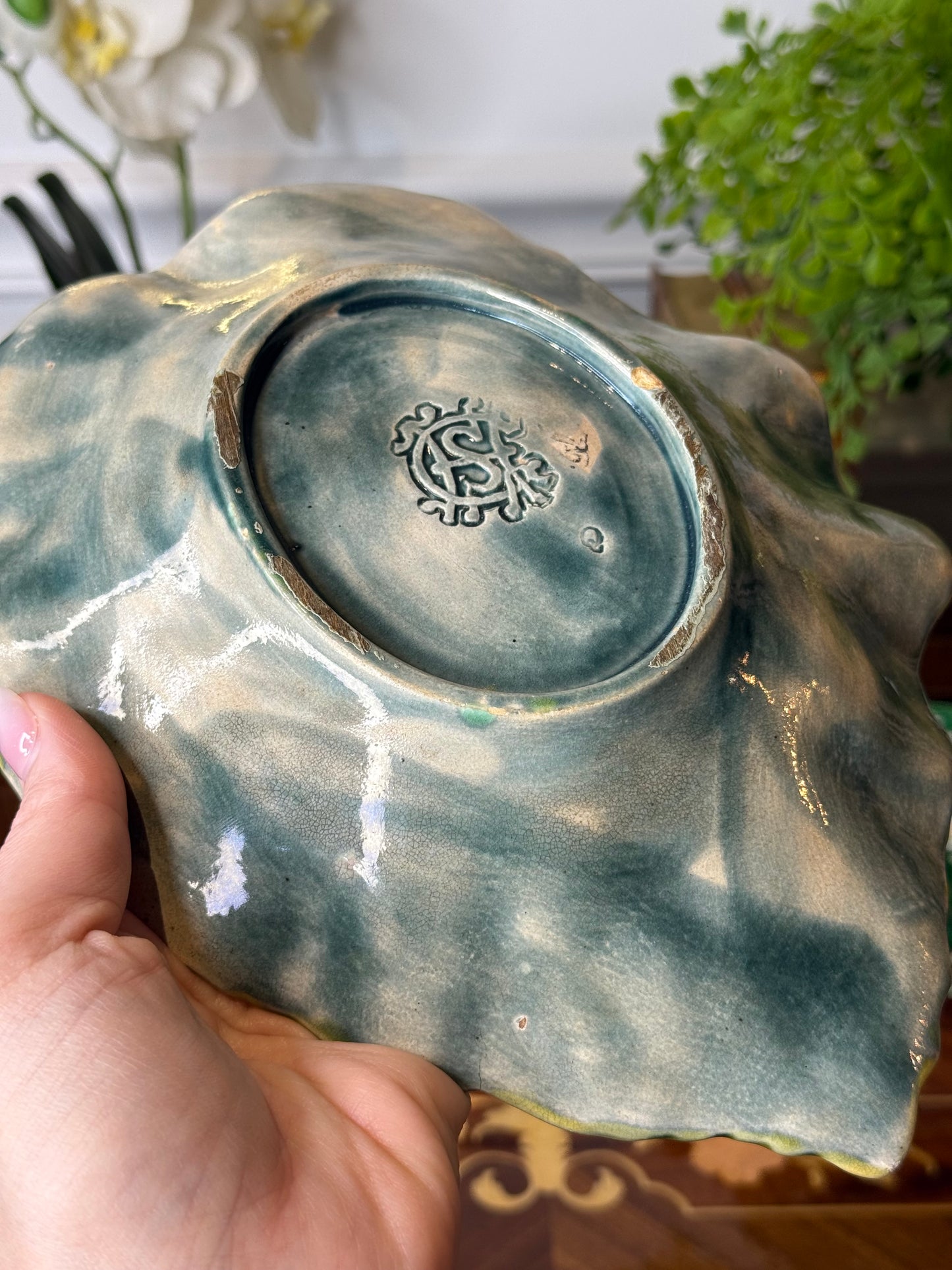 Antique Griffin, Smith & Hill (GSH) Majolica Begonia Leaf Dish | 9” | American Art Pottery