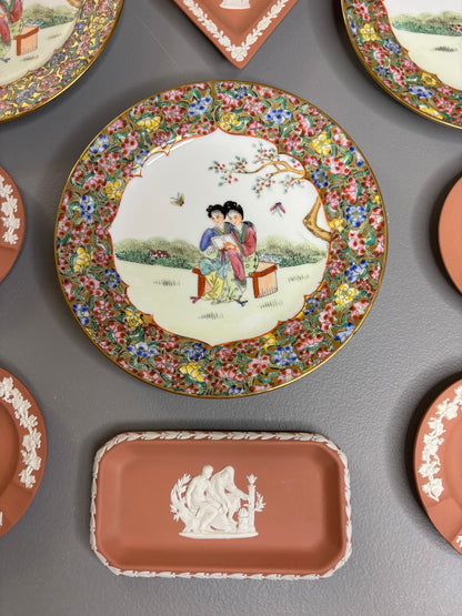 Beautiful instant plate wall! Includes 3 Famille Rose plates and 6 Wedgwood terra cotta dishes!