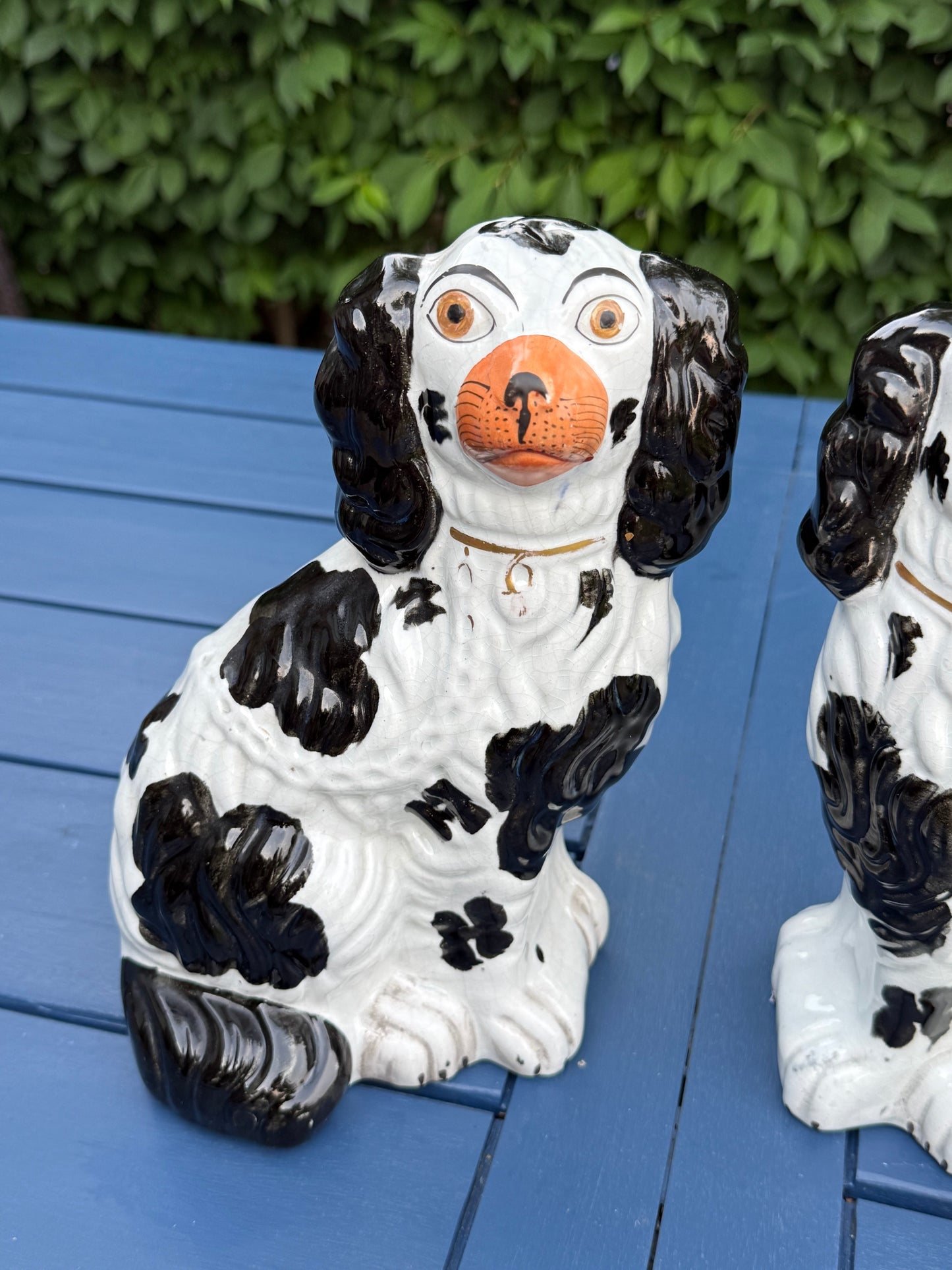 Antique 19th Century Staffordshire Dog Pair | 10" Tall, 5.5" Wide, Black & White with Red Mouths | Style DA4478