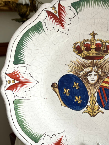 Live 09/29 Antique French Faience Royal Armorial Plate, Sun King & Alliance Arms of France and Austria, c. 1880–1920