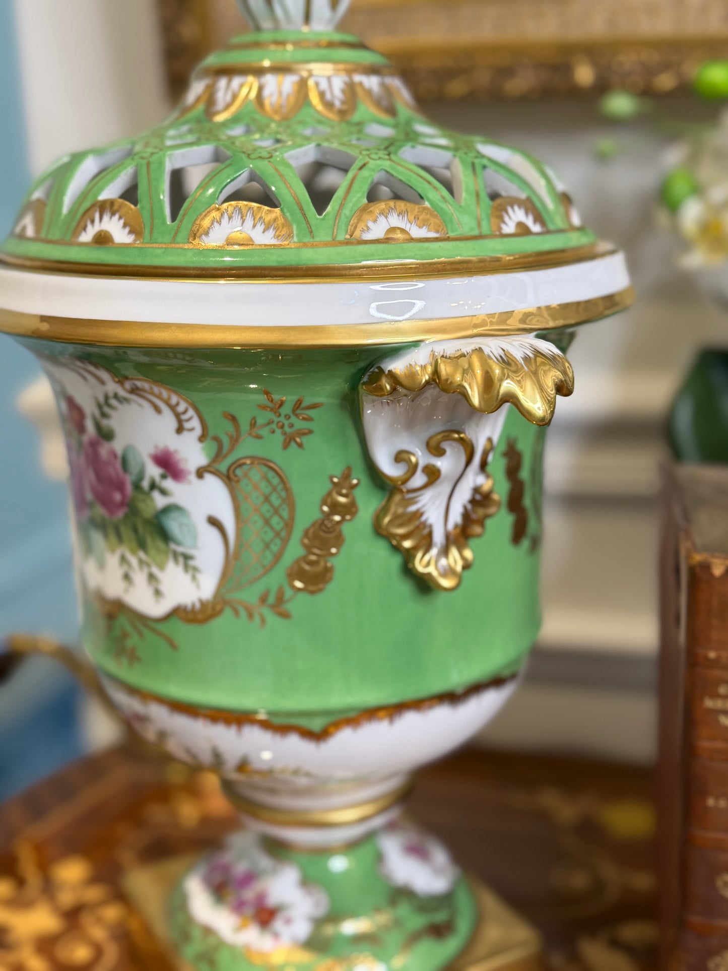STUNNING - 16” Tall, Chelsea House Green Lattice Porcelain Urn Pair with Domed Covers & Finials