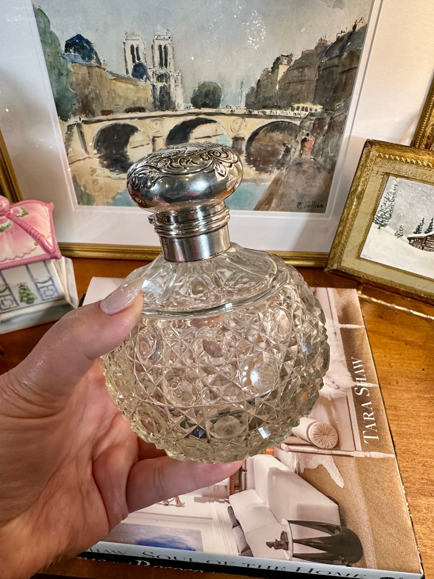 Victorian Art Nouveau Cut Crystal Perfume Bottle with Sterling Silver Repoussé Top Birmingham, England, c. 1901, 5”