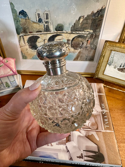 Victorian Art Nouveau Cut Crystal Perfume Bottle with Sterling Silver Repoussé Top Birmingham, England, c. 1901, 5”