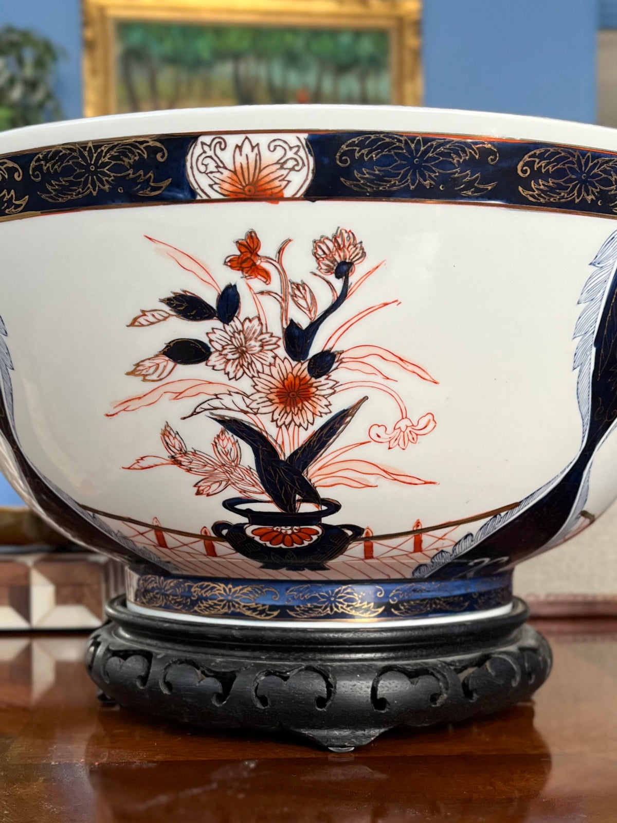 Large Imari Hand Painted Punch Bowl With Ornate Wood Stand
