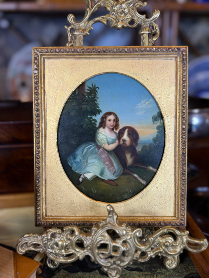 Antique c.1850 Oil on Tin After Franz Xaver Winterhalter | Mlle Virginie de Sainte-Aldegonde with Mastiff | Original Gilt Wood Frame | 8” × 7”